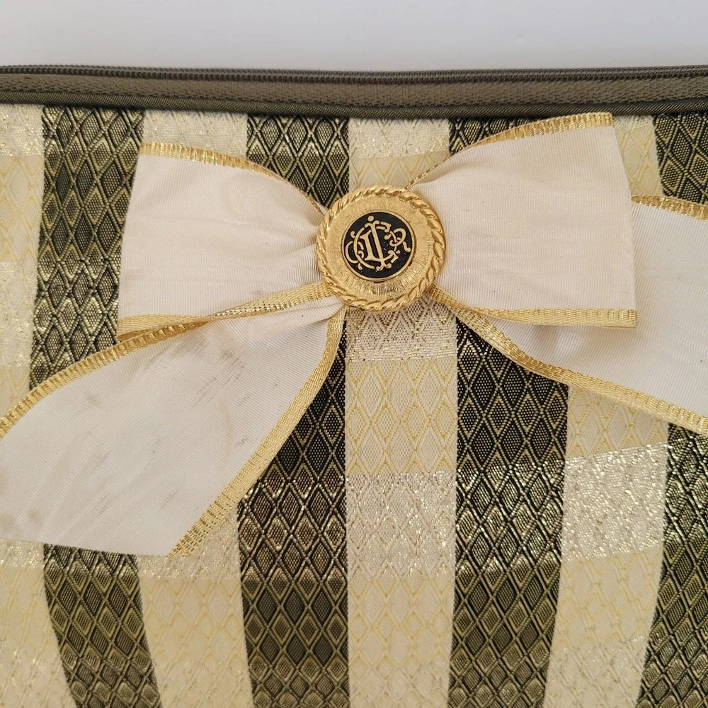 Christian Dior Vintage Cosmetic Bag Striped Brocade Gold Green Bow Logo‎ Pouch